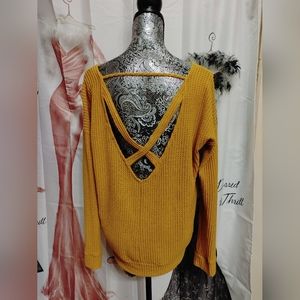 Cherish Mustard Oversized Waffle Weave Sz Small Long Sleeve Criss Cross Back Top